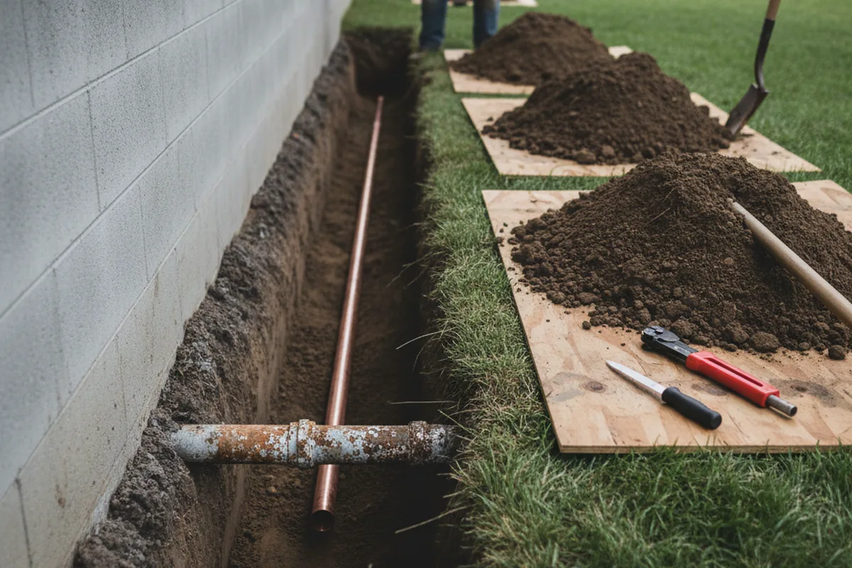 Excavated water line trench during Water Heater Repair in Newport